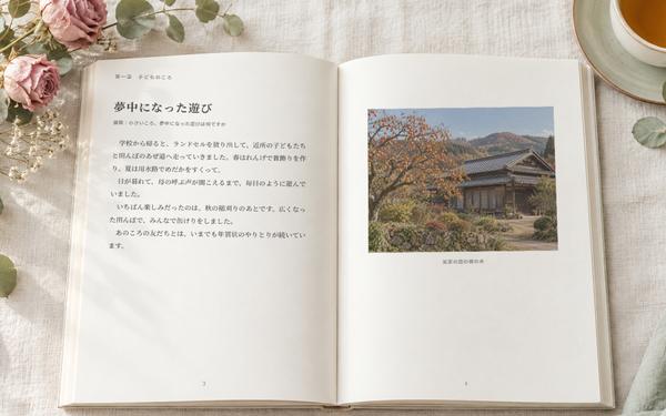 開いた本のイメージ。左のページに「夢中になった遊び」の話、右のページに柿の木のある家の写真